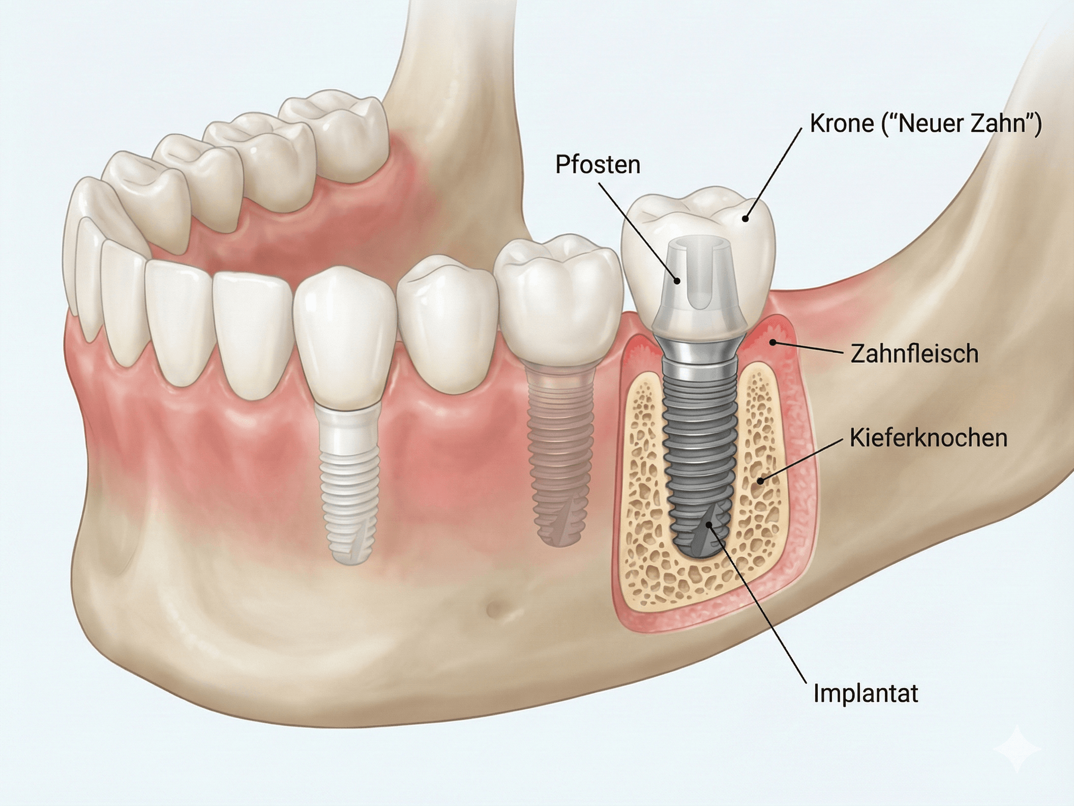 Medizinisches Schnittmodell eines menschlichen Kiefers, das den detaillierten dreiteiligen Aufbau eines Zahnimplantats (Implantatschraube, Pfosten, Zahnkrone) zeigt, integriert zwischen natürlichen Zähnen im Kieferknochen.
